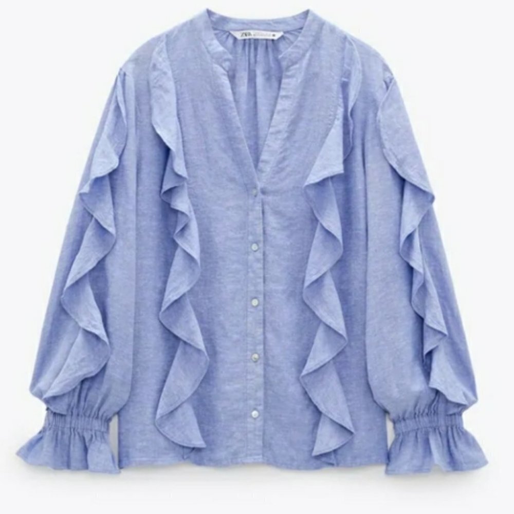 Zara Linen Button Down Ruffle Top - image 2